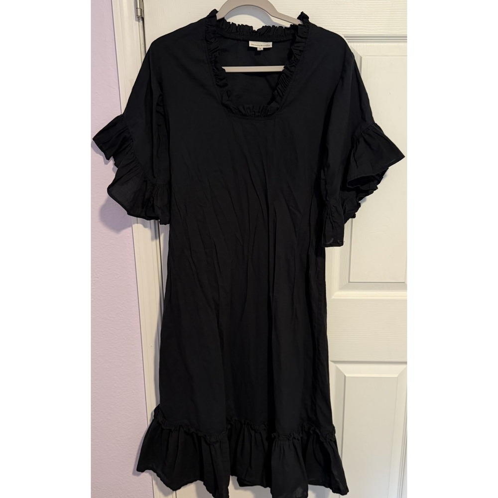 Fitzroy & Willa Black Ruffle Trim Midi Dress Sz S Flutter Sleeve Cotton Coastal
